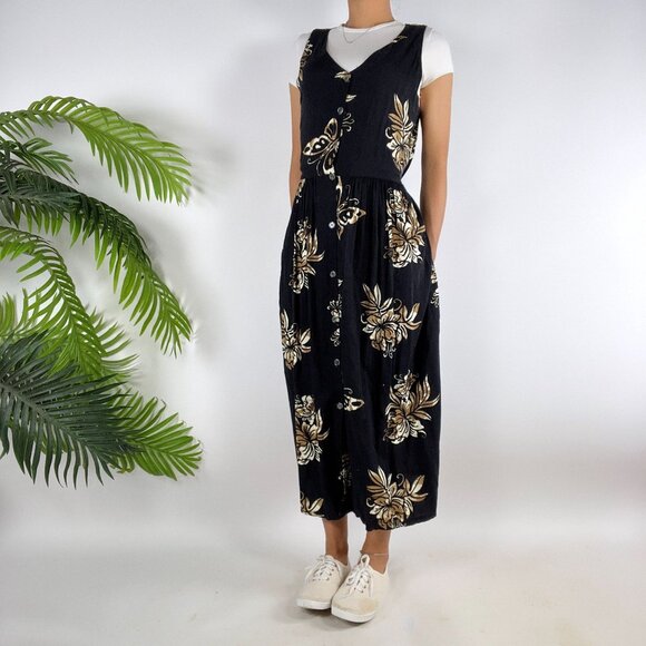 Vintage 90s Black Floral Boho Cottagecore Sleeveless Button Maxi Dress / Small - Picture 4 of 7
